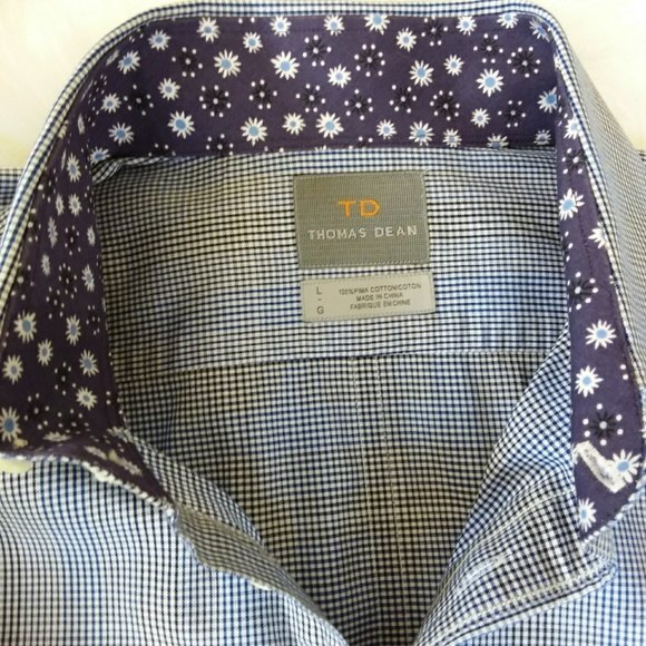 Thomas Dean | Men Size L Blue Pima Cotton Plaid Button Up Shirt - Picture 3 of 8